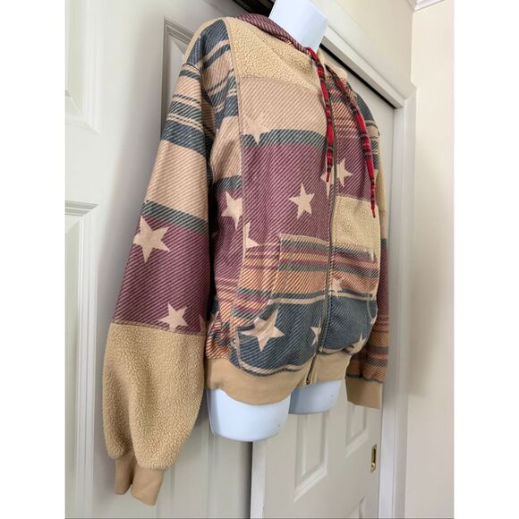 BDG by Urban Outfitters Hunter Patchwork Fleece Zip Up Hoodie Sweatshirt in Blan - Picture 4 of 8